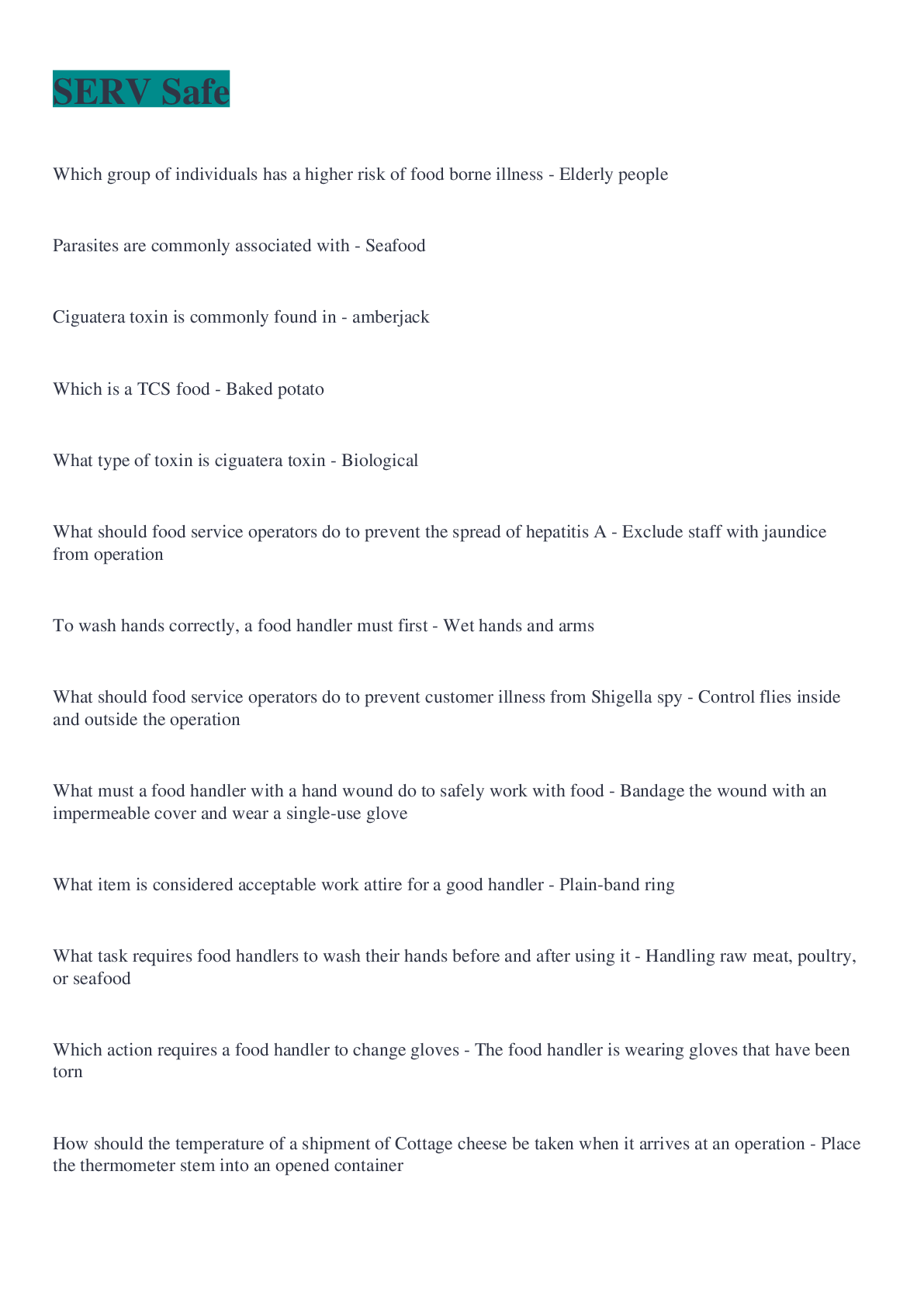 Preview image for ServSafe questions well solved!